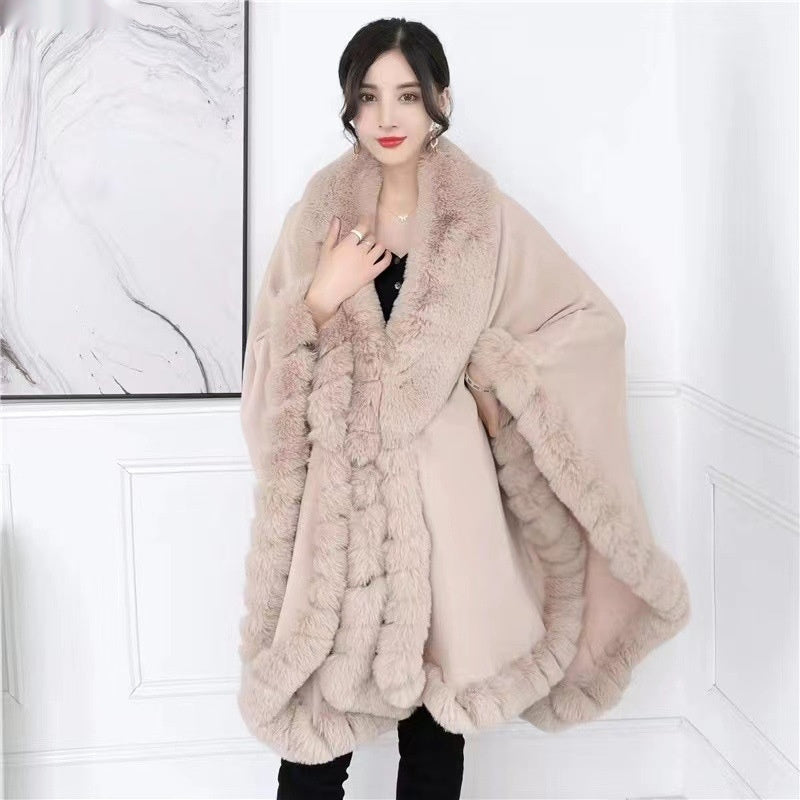 Artificial Rex Rabbit Wool Cape Shawl Women's Oversized Knit Woolen Cardigan Baggy Coat