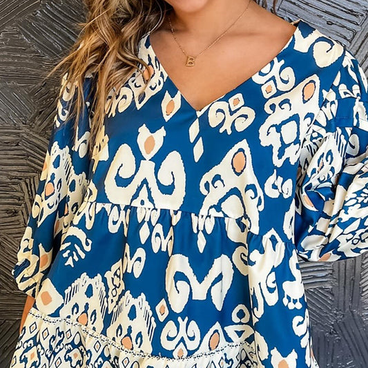 Blue Tribal Geometric Print Sleeve Flowy Fit Blouse