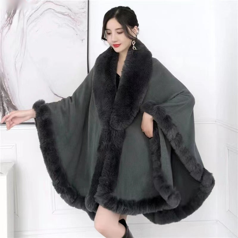 Artificial Rex Rabbit Wool Cape Shawl Women's Oversized Knit Woolen Cardigan Baggy Coat