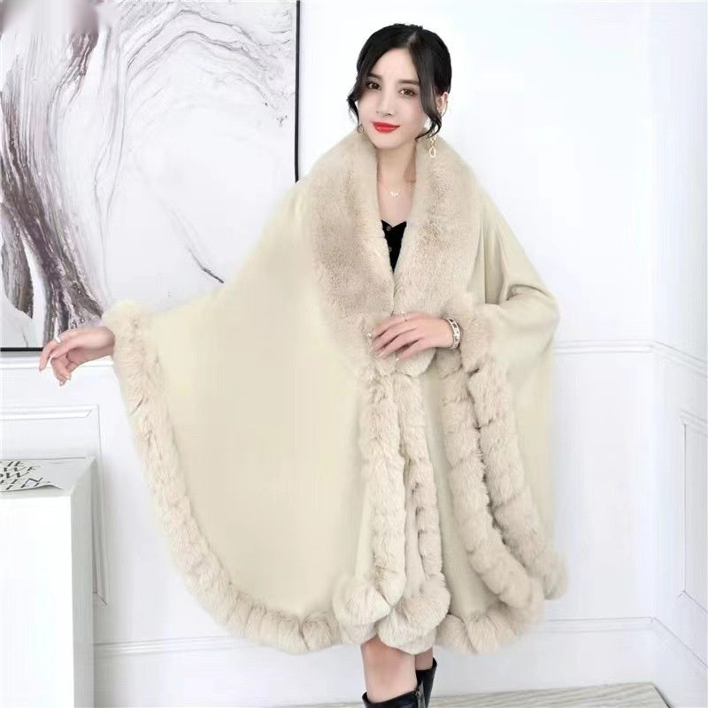 Artificial Rex Rabbit Wool Cape Shawl Women's Oversized Knit Woolen Cardigan Baggy Coat